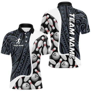 Maxcorners Blue Tribal Pattern Bowling Polo & Quarter Zip Shirts For Men Custom Bowling Team Jersey