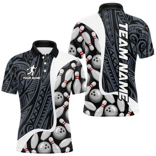 Maxcorners Blue Tribal Pattern Bowling Polo & Quarter Zip Shirts For Men Custom Bowling Team Jersey