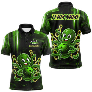 Maxcorners Green Funny Neon Octopus Bowling Polo & 1/4 Zip For Men, Custom Bowling Team Shirt Bowling Jersey LM0607