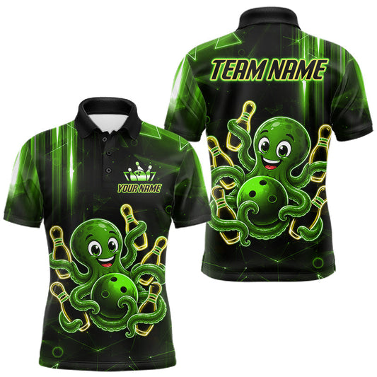 Maxcorners Green Funny Neon Octopus Bowling Polo & 1/4 Zip For Men, Custom Bowling Team Shirt Bowling Jersey LM0607