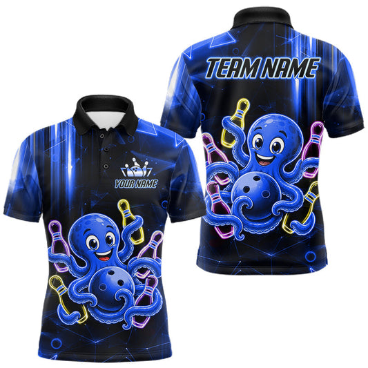 Maxcorners Blue Funny Neon Octopus Bowling Polo & 1/4 Zip For Men, Custom Bowling Team Shirt Bowling Jersey LM0607