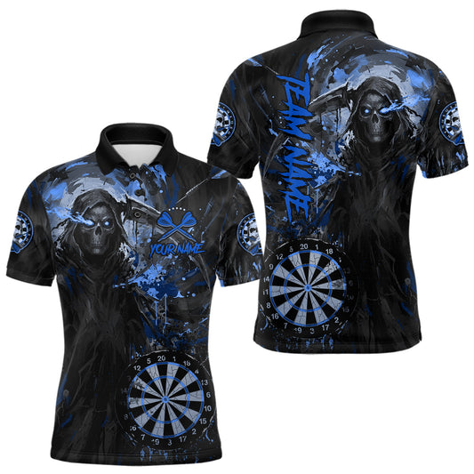 Maxcorners Custom Black And Blue Splatter Grim Reaper Men Darts Polo Shirt Cracked Dart Jersey LM0503