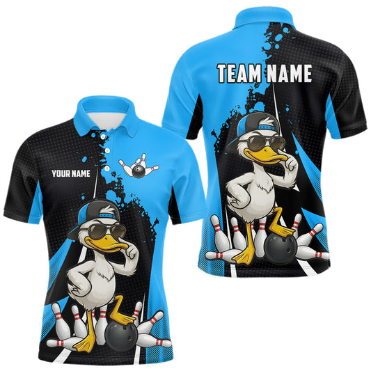 Maxcorners Custom Black And Blue Funny Duck Bowling Shirts For Men, Bowling Team Jersey Polo & 1/4 Zip LM0404