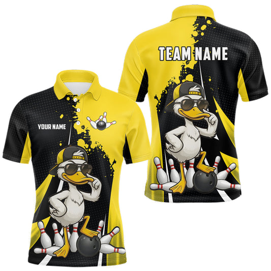 Maxcorners Custom Yellow Black Funny Duck Bowling Shirts For Men, Bowling Team Jersey Polo & 1/4 Zip LM0404