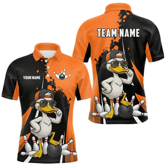 Maxcorners Custom Black And Orange Funny Duck Bowling Shirts For Men, Bowling Team Jersey Polo & 1/4 Zip LM0404