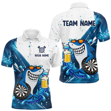 Maxcorners Blue And White Funny Shark Darts Shirts For Men Custom Darts Team Jersey Polo, Quarter Zip