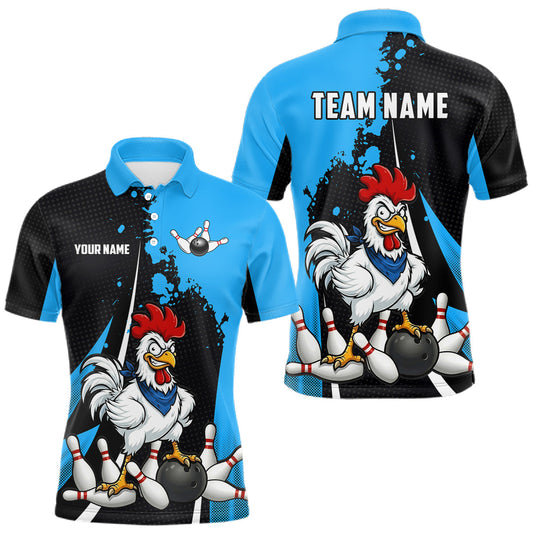 Maxcorners Custom Black And Blue Funny Chicken Bowling Shirts For Men, Bowling Team Jersey Polo & 1/4 Zip