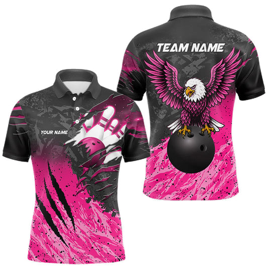 Maxcorners Personalized Eagle Bowling Shirt For Men Custom Pink And Black Bowling Team Jersey Polo, 1/4 Zip