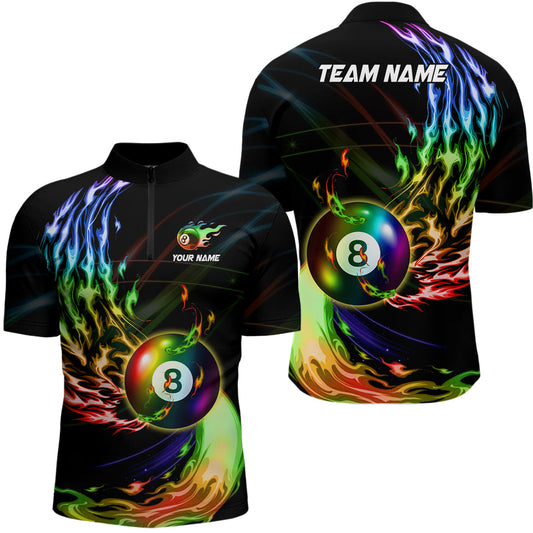 Maxcorners Personalized 8 Ball Pool Rainbow Fire Flame Billiard Shirts For Men, Colorful Billiard Jerseys