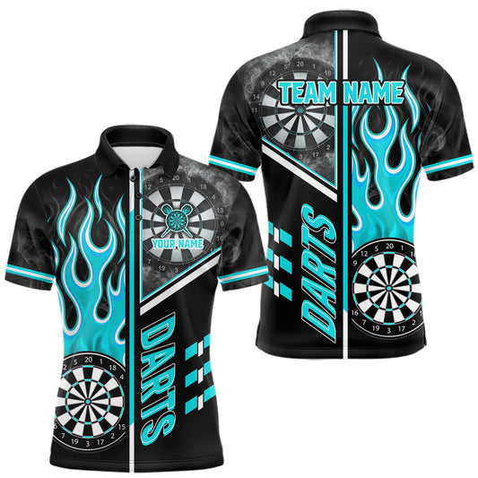 Black And Turquoise Flaming Smoke Darts Shirt For Men Custom Darts Jersey Team Polo & 1/4 Zip LM1203