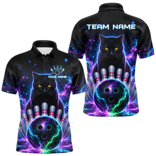Maxcorners Neon Funny Cat Bowling Jersey Polo & 1/4 Zip For Men Custom Bowling Team Jersey, Bowling Gifts LM1705