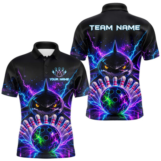 Maxcorners Neon Funny Shark Bowling Jersey Polo & 1/4 Zip For Men Custom Bowling Team Jersey, Bowling Uniform LM1705