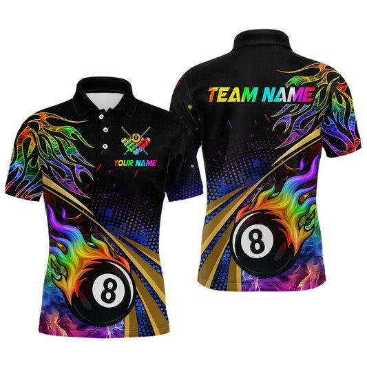 Maxcorners Personalized Colorful Flame 8 Ball Billiard Shirt For Men Custom Pool Team Jerseys Polo & 1/4 Zip  LM2206
