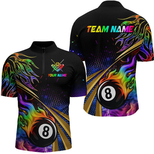 Maxcorners Personalized Colorful Flame 8 Ball Billiard Shirt For Men Custom Pool Team Jerseys Polo & 1/4 Zip  LM2206