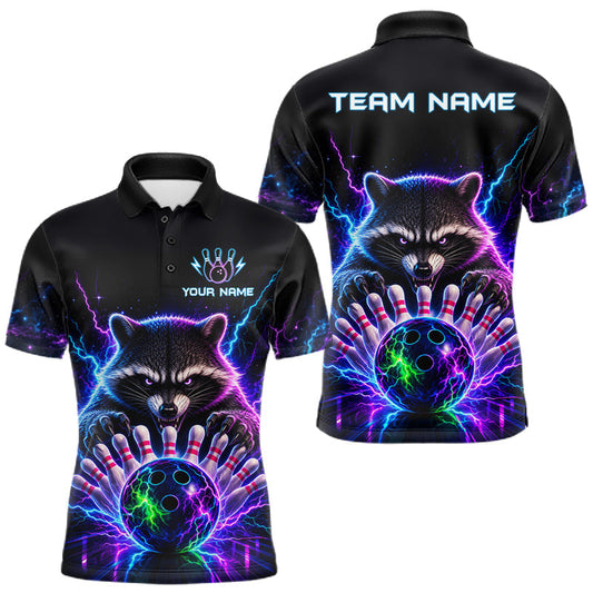 Maxcorners Neon Funny Raccoon Bowling Jersey Polo, Quarter Zip For Men Custom Bowling Team Jersey Uniform LM1406