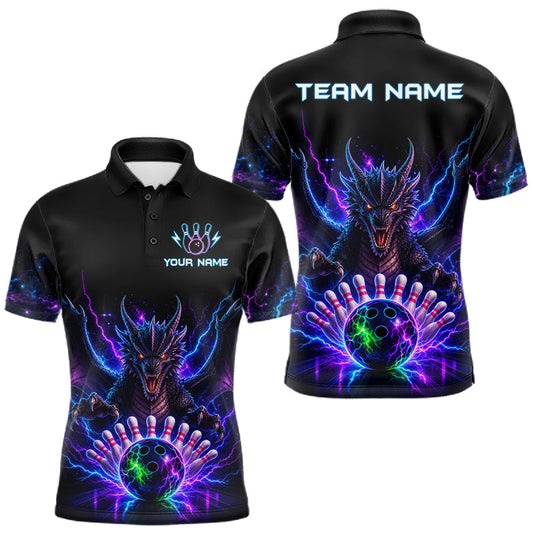 Maxcorners Neon Funny Dragon Bowling Jersey Polo, 1/4 Zip For Men Custom Bowling Team Jersey, Bowling Uniform LM1406