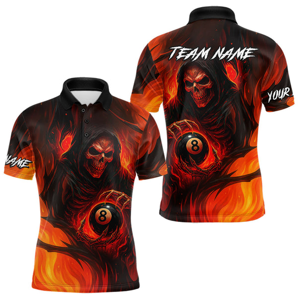 Maxcorners Orange Flaming Grim Reaper 8 Ball Billiard Shirt For Men Custom Halloween Pool Team Shirt Outfit MT1309