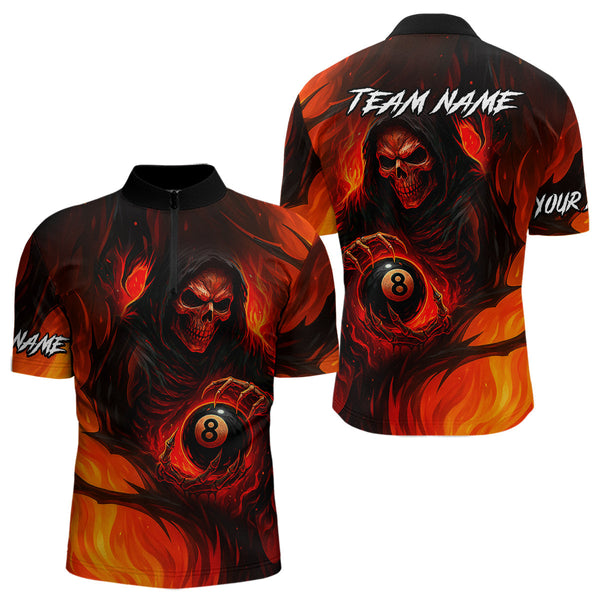 Maxcorners Orange Flaming Grim Reaper 8 Ball Billiard Shirt For Men Custom Halloween Pool Team Shirt Outfit MT1309