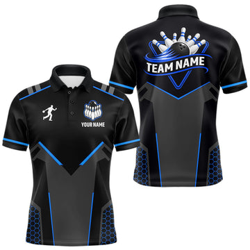 Maxcorners Personalized Bowling Jersey For Men Custom Black And Blue Bowling Team Shirt Polo & 1/4 Zip