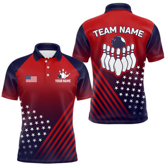 Maxcorners American Flag Bowling Jersey For Men, Custom Patriotic Bowling League Team Shirts Polo & 1/4 Zip LM1705