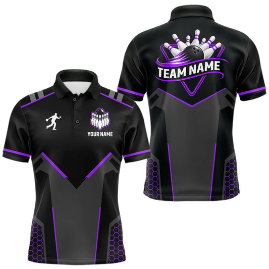 Maxcorners Personalized Bowling Jersey For Men, Custom Black And Purple Bowling Team Shirt Polo & 1/4 Zip LM1705