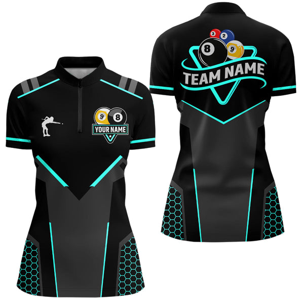 Maxcorners Personalized 8 Ball & 9 Ball Pool Billiard Polo, 1/4 Zip For Men Custom Billiard Jersey|Turquoise
