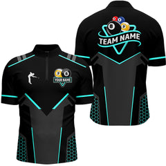 Maxcorners Personalized 8 Ball & 9 Ball Pool Billiard Polo, 1/4 Zip For Men Custom Billiard Jersey|Turquoise