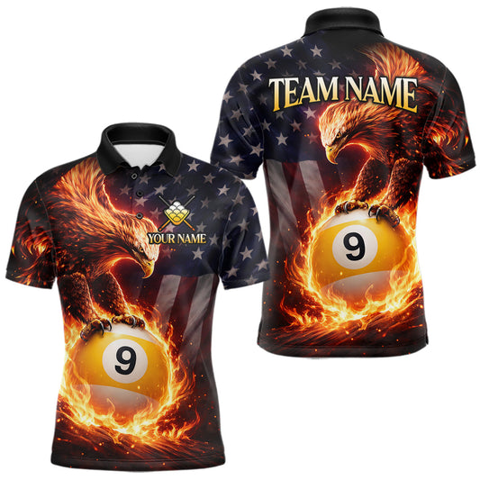 Maxcorners American Flag Flame 9 Ball Eagle Billiard Shirt For Men Custom Pool Team Shirt, Billiard Jersey