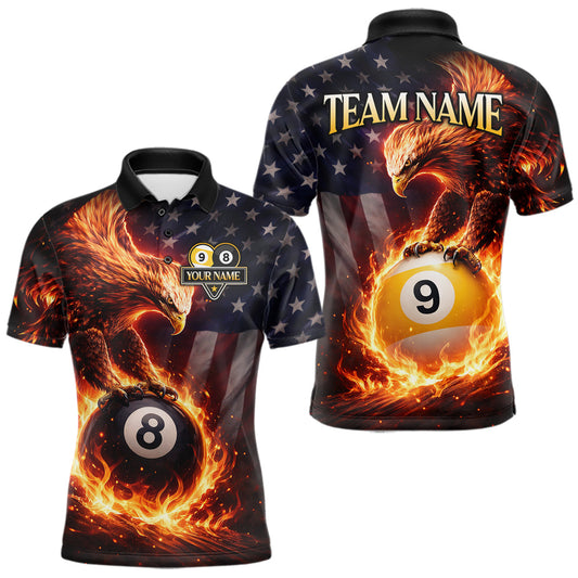 Maxcorners American Flag Flame 8 Ball & 9 Ball Eagle Billiard Shirt For Men Custom Patriotic Pool Team Jersey