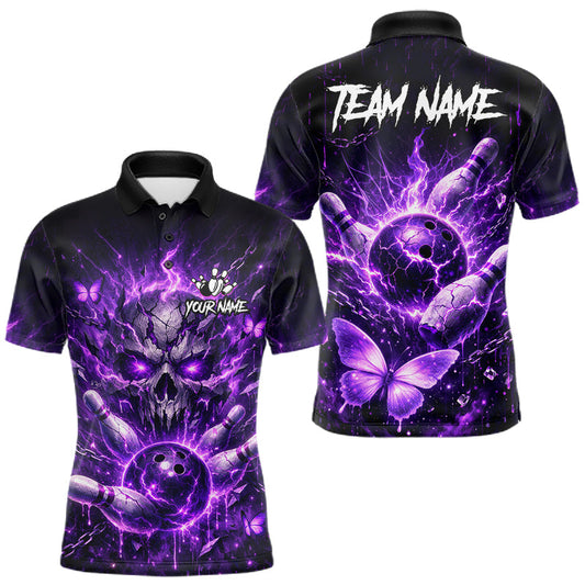 Maxcorners Personalized Purple Butterfly Skull Bowling Shirt For Men Custom Bowling Jersey Polo & 1/4 Zip LM1904