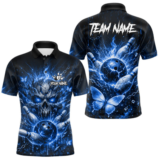 Maxcorners Personalized Blue Butterfly Skull Bowling Shirt For Men Custom Bowling Jersey Polo & 1/4 Zip LM1904