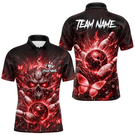 Maxcorners Personalized Red Butterfly Skull Bowling Shirt For Men Custom Bowling Jersey Polo & 1/4 Zip LM1904