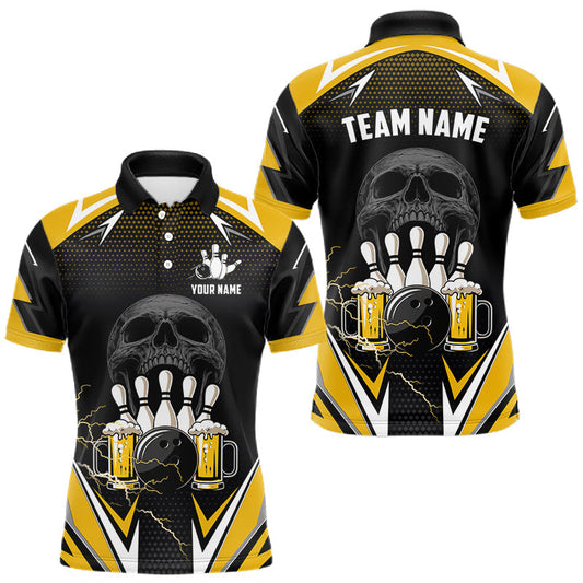 Maxcorners Yellow Black Funny Beer Skull Bowling Shirt For Men Custom Bowling Team Jersey Polo & 1/4 Zip LM1904