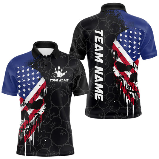 Maxcorners Custom American Flag Skull Bowling Jersey For Men, Patriotic Bowling Team Shirt Polo & 1/4 Zip LM1904