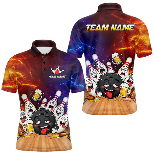 Maxcorners Custom Lightning Drunk Bowling Balls and Pins Funny Bowling Shirts For Men, Beer Bowling Jersey