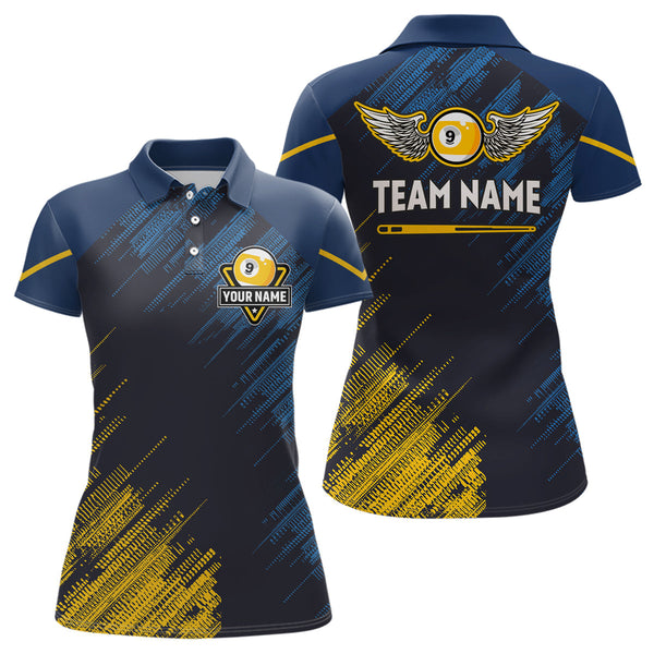 Maxcorners Personalized Blue Yellow 9 Ball Pool Wings Men'S Billiard Shirts, 9 Ball Billiard Team Shirt Jersey