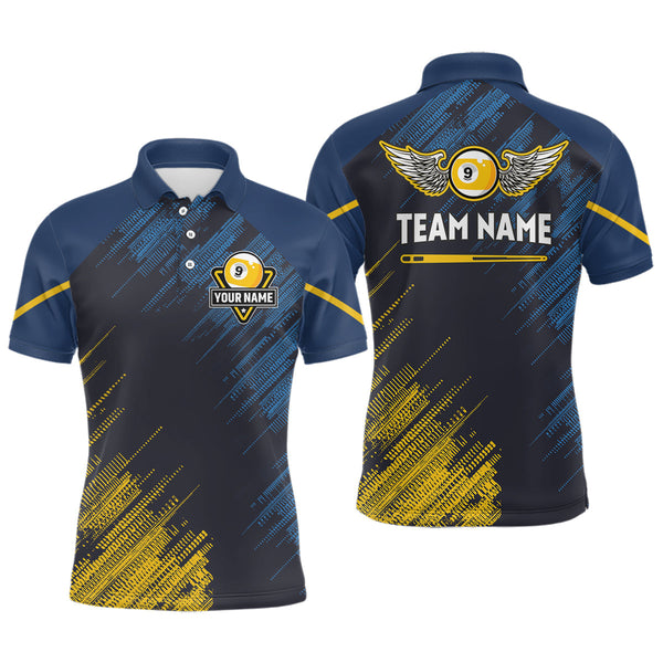 Maxcorners Personalized Blue Yellow 9 Ball Pool Wings Men'S Billiard Shirts, 9 Ball Billiard Team Shirt Jersey