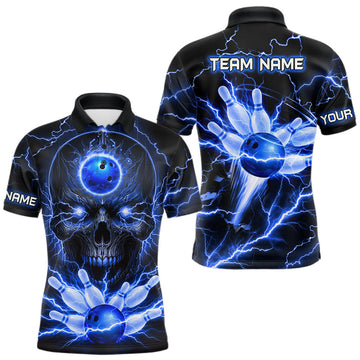 Maxcorners Personalized Lightning Skull Blue Bowling Shirt For Men, Bowling Team Jersey Polo & 1/4 Zip LM1903