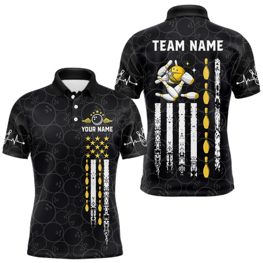 Maxcorners American Flag Black Bowling Shirts For Men Custom Patriotic Bowling Team Jersey Polo & 1/4 Zip