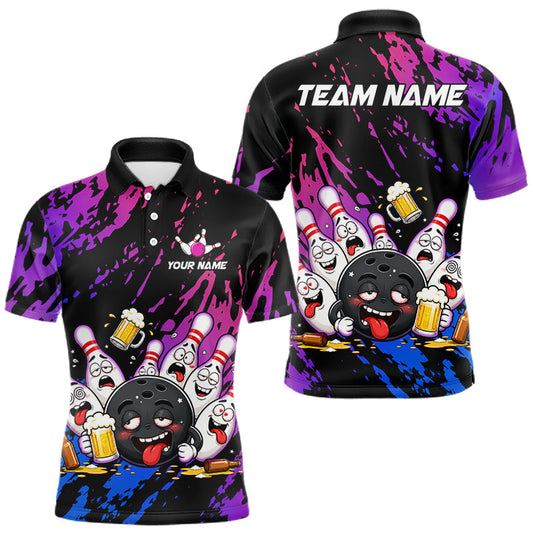 Maxcorners Custom Blue Purple Drunk Bowling Balls And Pins Funny Bowling Shirts For Men, Beer Bowling Jersey