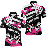 Maxcorners Breast Cancer Awareness American Flag Bowling Shirt For Men Custom Pink Ribbon Bowling Team Jersey TU1908