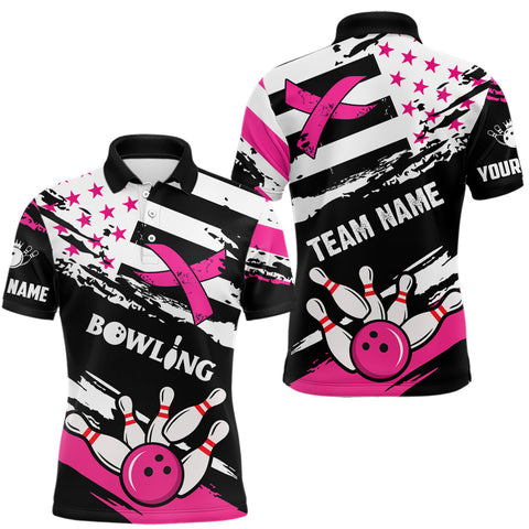 Maxcorners Breast Cancer Awareness American Flag Bowling Shirt For Men Custom Pink Ribbon Bowling Team Jersey TU1908