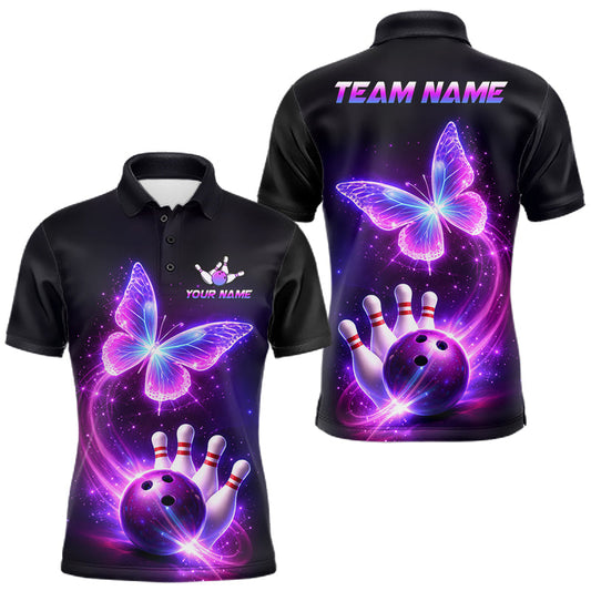 Maxcorners Personalized Purple Galaxy Butterfly Bowling Shirts For Men, Bowling Team Jersey Polo & 1/4 Zip