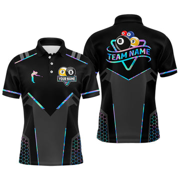 Maxcorners Personalized Holographic Billiard 8 Ball & 9 Ball Pool Polo, 1/4 Zip For Men, Billiard Team Jersey