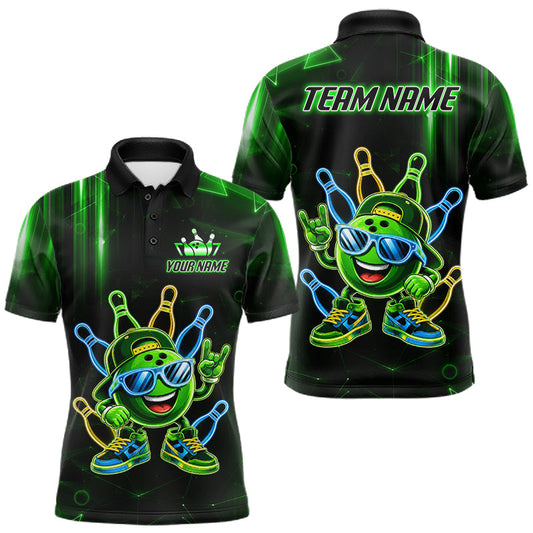 Maxcorners Green Funny Neon Bowling Ball Polo & 1/4 Zip For Men, Custom Bowling Team Shirt, Bowling Jersey LM2306