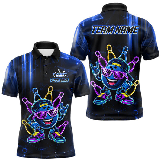 Maxcorners Blue Funny Neon Bowling Ball Polo & 1/4 Zip For Men, Custom Bowling Team Shirt, Bowling Jersey LM2306