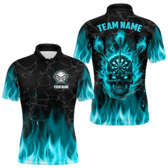 Maxcorners Fire Flame Skull Darts Polo & Quarter Zip Custom Darts Shirts For Men, Darts Team Jersey|Turquoise