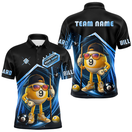 Maxcorners Blue Funny 9 Ball Billiard Shirt For Men Custom Pool Team Shirt, Billiard Jersey Polo & 1/4 Zip