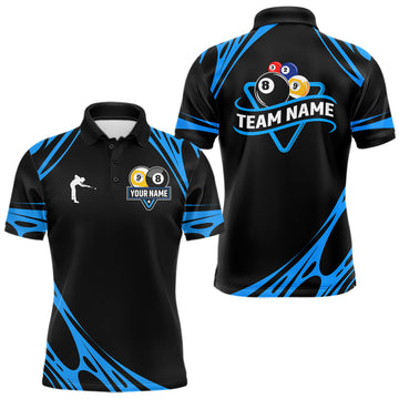 Maxcorners Personalized 8 Ball & 9 Ball Pool Billiard Polo, 1/4 Zip For Men Custom Team Billiard Jersey |Blue LM2512