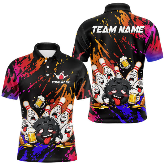 Maxcorners Custom Blue And Red Drunk Bowling Balls And Pins Funny Bowling Shirts For Men, Beer Bowling Jersey LM2806